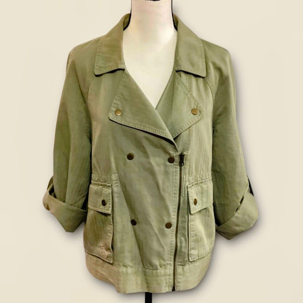 Loft Women's‎ Utility Jacket Motto Linen/Cotton Roll-Tab Sleeve Pockets in Large